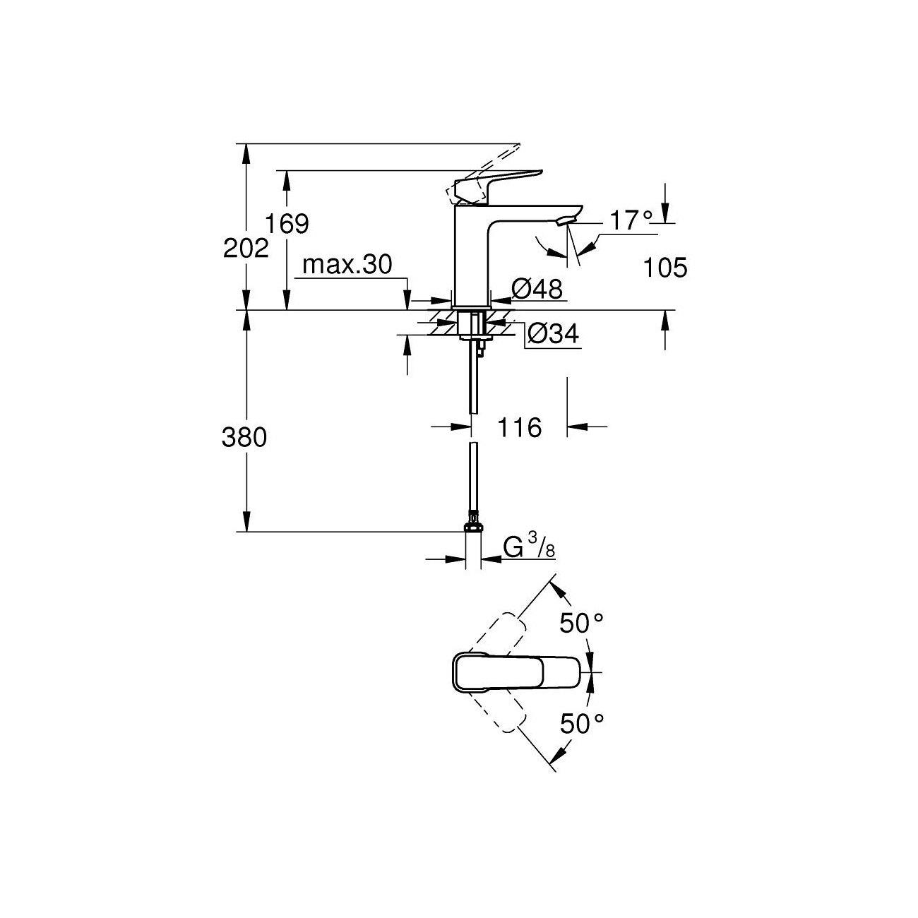 Смеситель для раковины, однорычажный, без донного клапана, M-Size Grohe 1017550000 Cubeo